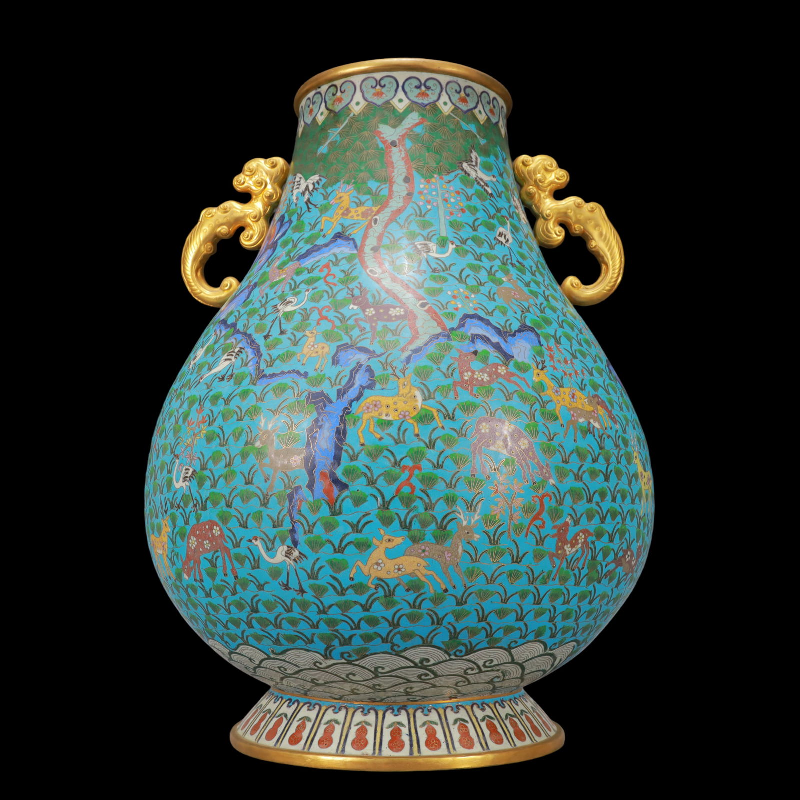 A Huge Cloisonne Pine and Deer Pattern Double-Ears Vase - 7