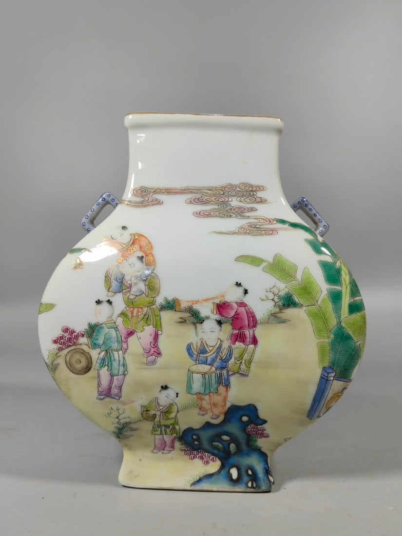 A Qing Dynasty baby play square flat bottle: Qing Dynasty baby play square flat bottle SIZE: L:15.3cm W:9.3cm H:17.8cm (The Dimensions Of All Batches Are Manually Measured.If You Need More Detailed Information, Please Contact Our Customer