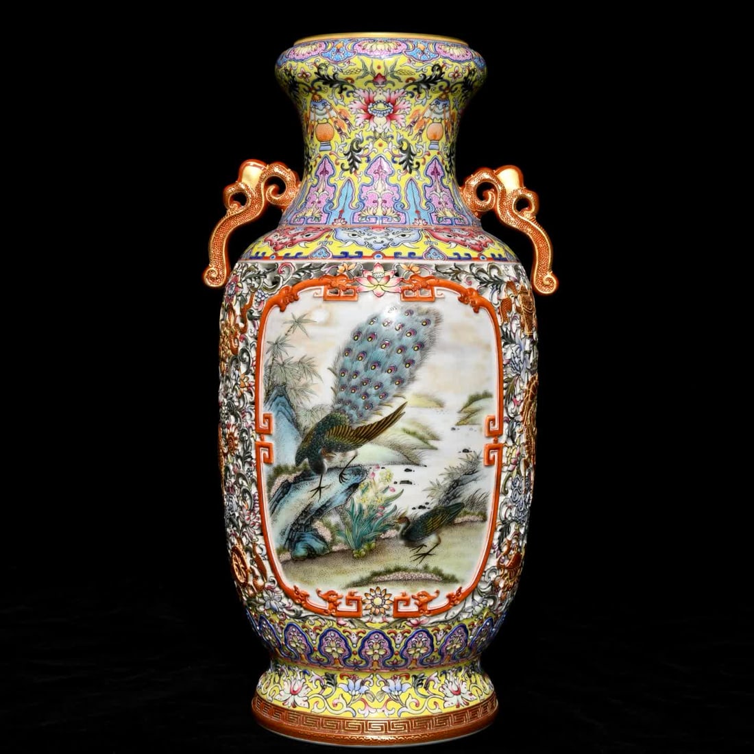 A Qing Qianlong pastel flower and bird hollow eight treasure unicorn pattern amphora: Qing Qianlong pastel flower and bird hollow eight treasure unicorn pattern amphora SIZE: H:35.2cm D:18.5cm (The Dimensions Of All Batches Are Manually Measured.If You Need More Detailed Information, P