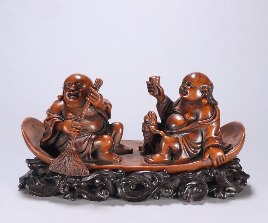 A Qing Dynasty long boxwood ornament: Qing Dynasty boxwood two immortal ornaments SIZE: H:9cm W:16.7cm W:270g (The Dimensions Of All Batches Are Manually Measured.If You Need More Detailed Information, Please Contact Our Customer Service