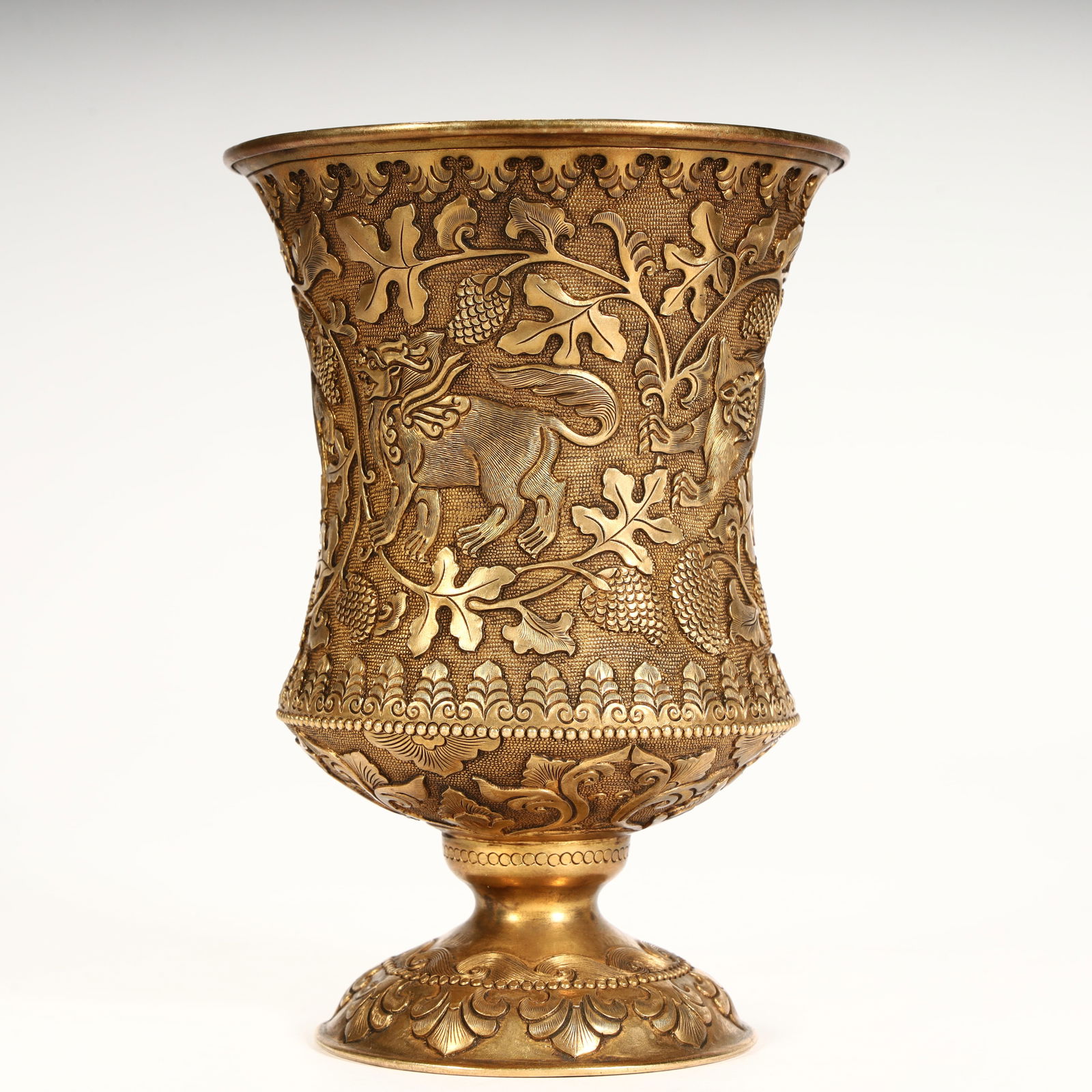 A copper-gilt auspicious beast grape-patterned goblet. - 3