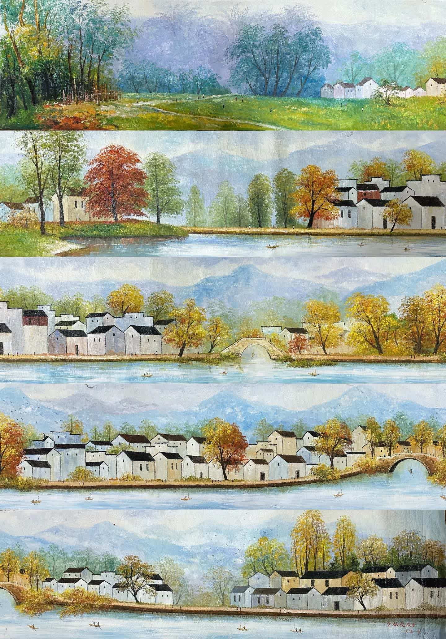 A long oil painting of Wu Guanzhong's golden autumn reminiscences of his hometown: Wu Guanzhong's golden autumn reminiscences of his hometown oil painting scroll SIZE: Painting CoreL: 10m W: 0.6m (The Dimensions Of All Batches Are Manually Measured.If You Need More Detailed
