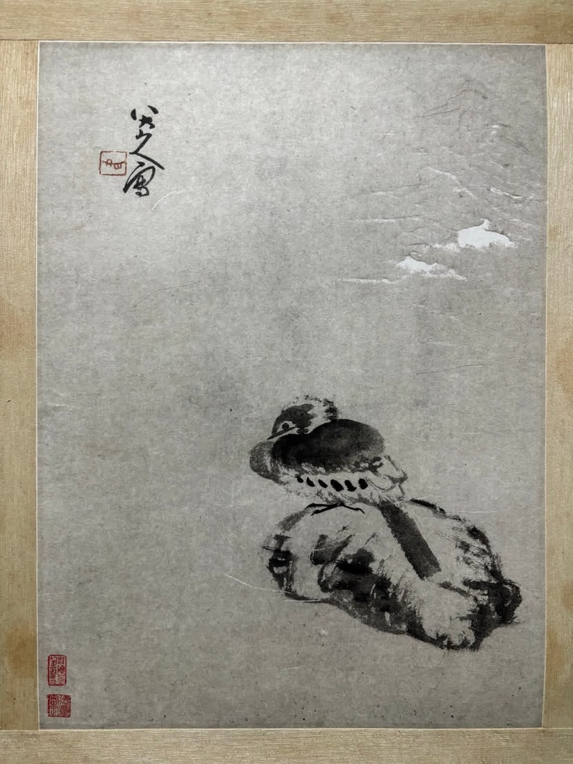 A picture of the bird and stone of the people of the Eight Great Mountains: Bird stone picture of the eight mountain people SIZE: Painting Core48x35cm (The Dimensions Of All Batches Are Manually Measured.If You Need More Detailed Information, Please Contact Our Customer