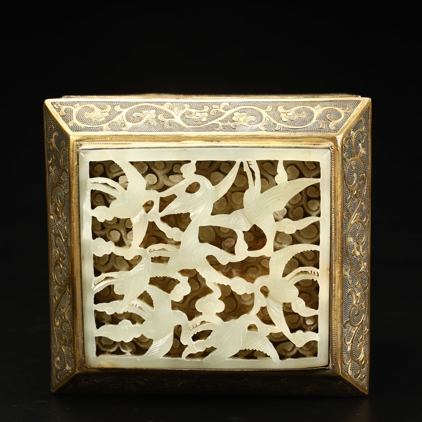 A copper-gilt engraved bird and beast pattern square box - 5