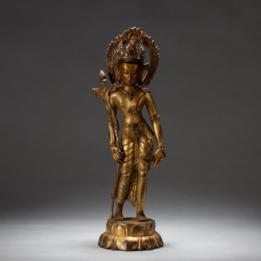 A bronze gilt Buddha statue of the Qing Dynasty: A copper-gilt Buddha statue of the Qing Dynasty SIZE: L:13cm W:13cm H:49cm (The Dimensions Of All Batches Are Manually Measured.If You Need More Detailed Information, Please Contact Our Customer Servi
