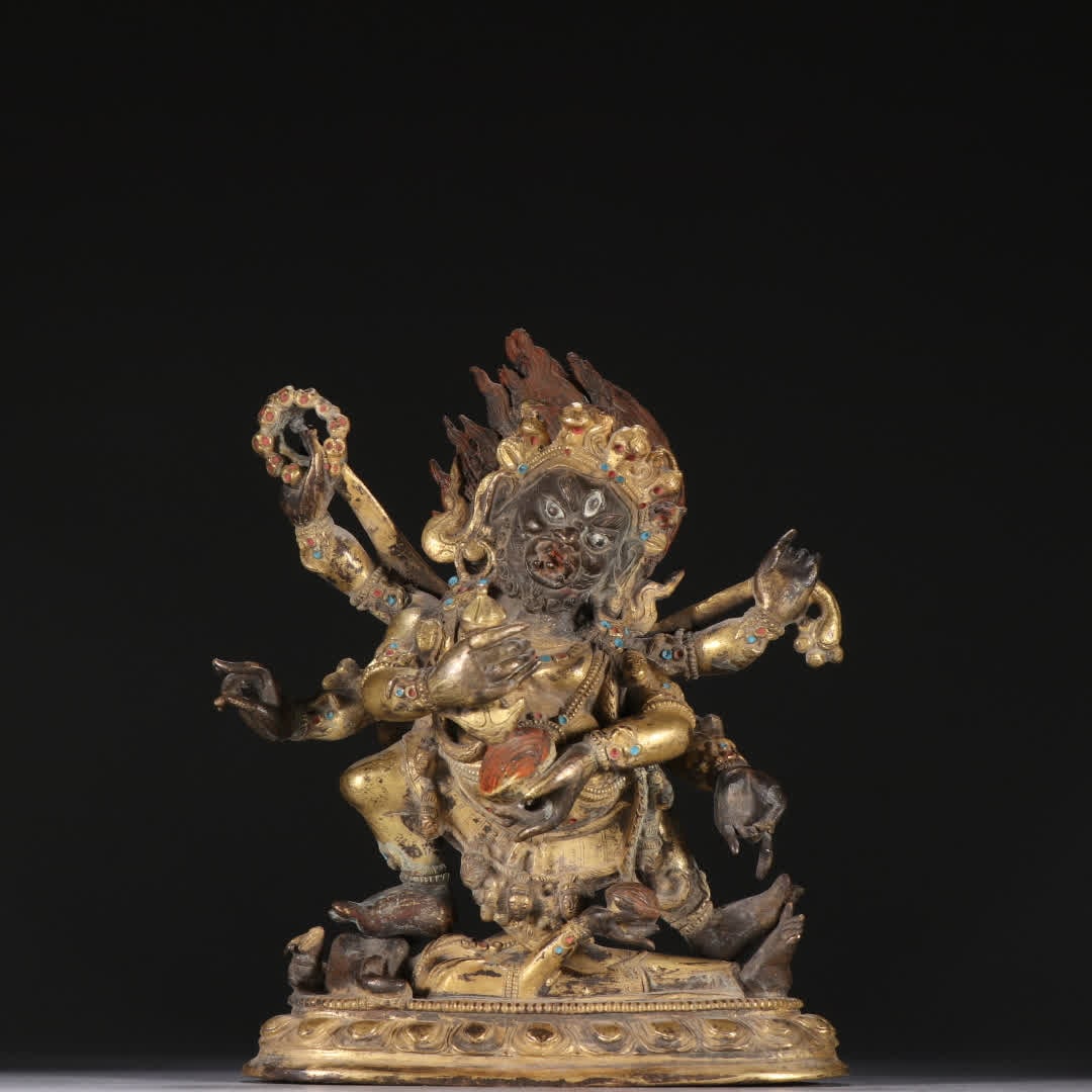 A Qing Dynasty bronze gilt six-armed black sky statue: Qing Dynasty bronze gilt six-armed black sky statue SIZE: H:16.6cm W:14cm W:1522.6g (The Dimensions Of All Batches Are Manually Measured.If You Need More Detailed Information, Please Contact Our Custo