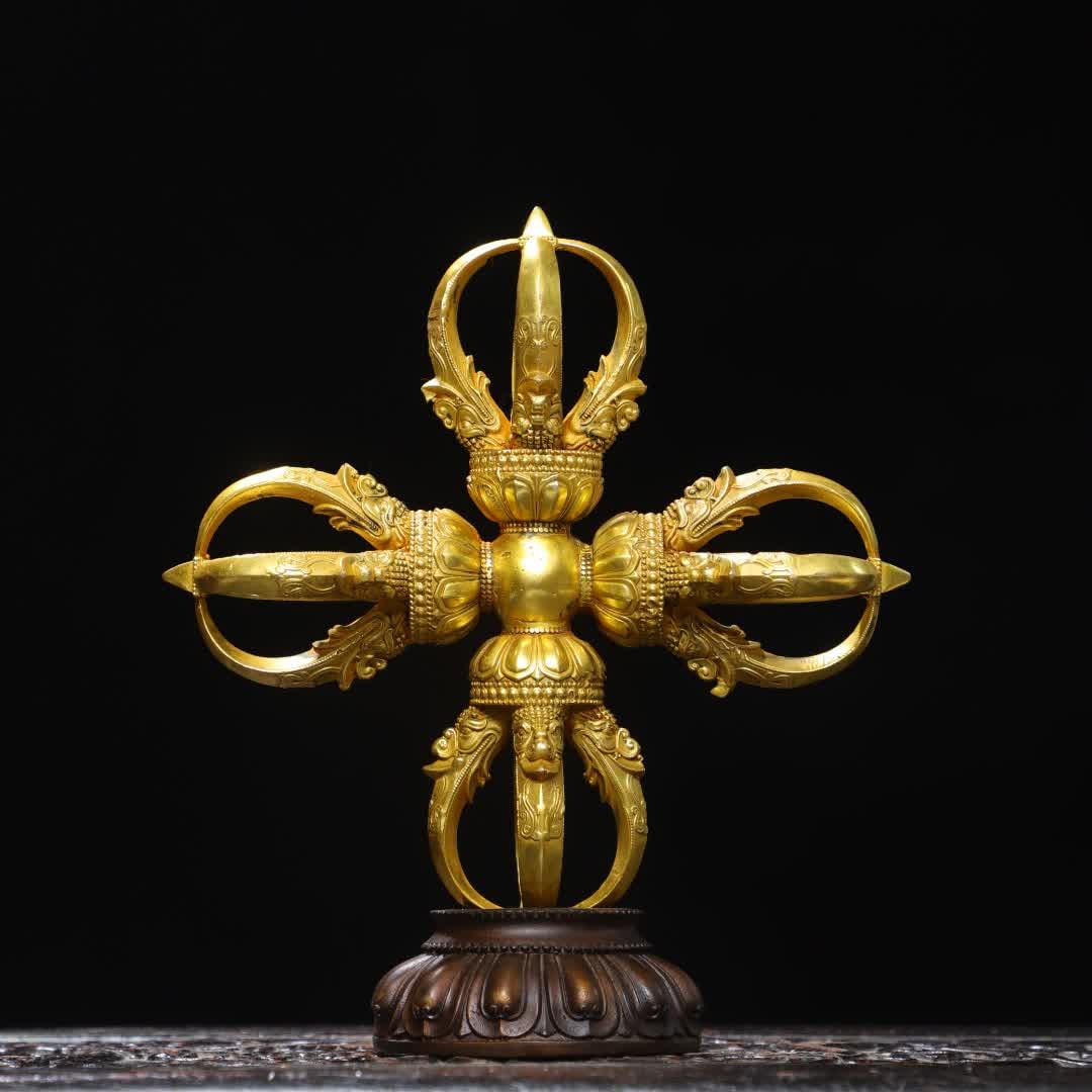 A Qing Dynasty copper-gilt cross vajra ritual: Qing Dynasty copper gilt cross vajra ritual vessel SIZE: H: 22cm W: 17cm Base W: 8cm W: 2.65kg (The Dimensions Of All Batches Are Manually Measured.If You Need More Detailed Information, Please Contac