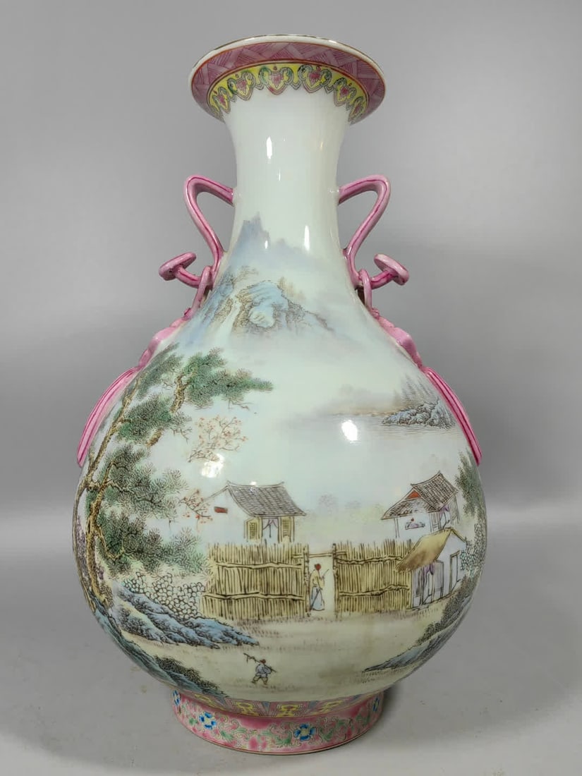 A Qing Dynasty landscape jade pot spring vase: Qing Dynasty Qing Dynasty landscape jade pot spring vase SIZE: H:31.5cm W:22cm (The Dimensions Of All Batches Are Manually Measured.If You Need More Detailed Information, Please Contact Our Customer S