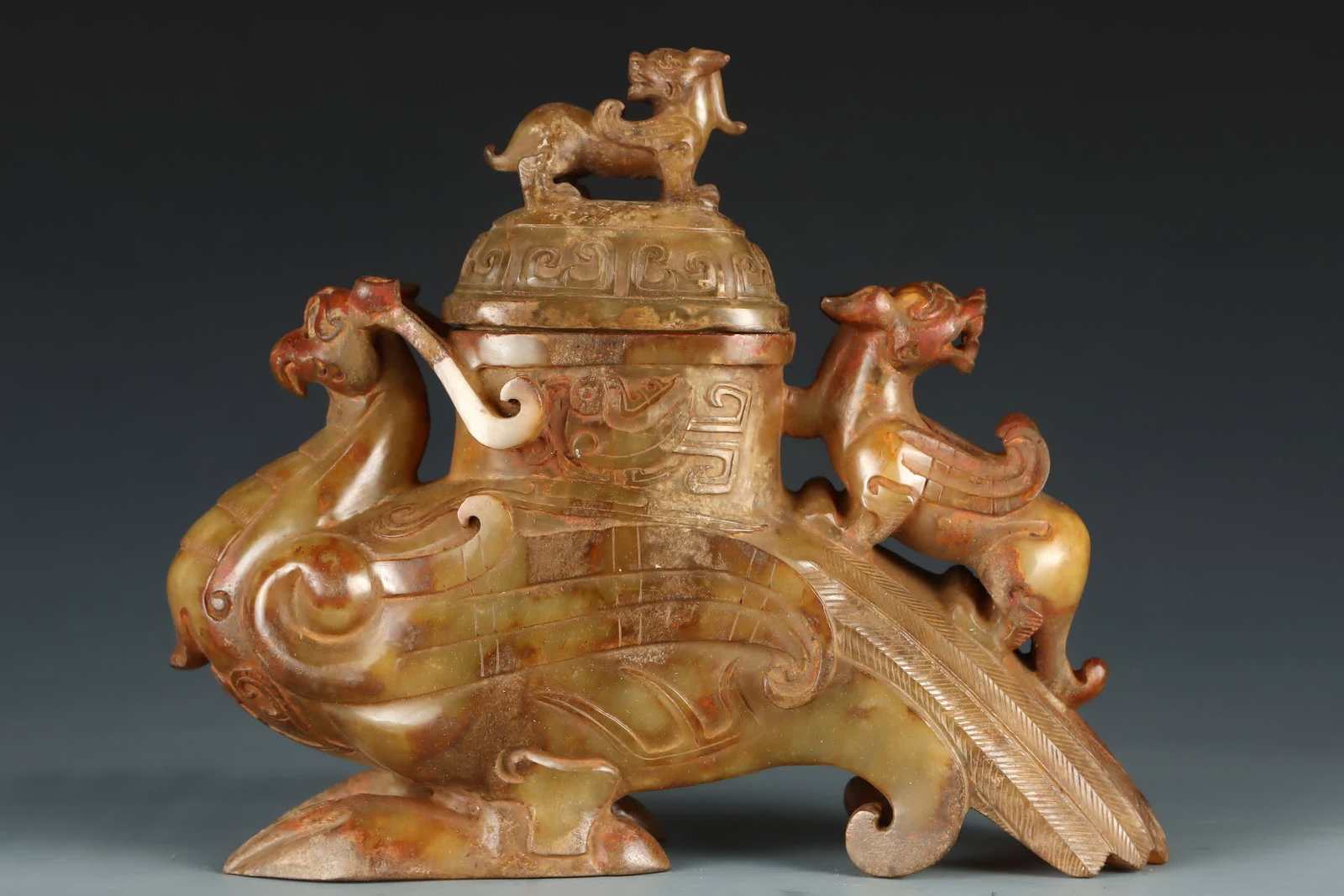 A Qing Dynasty Hetian jade beast guard: Qing Dynasty Hetian Jade Beast Guard SIZE: W:1860g H:17cm W:21cm (The Dimensions Of All Batches Are Manually Measured.If You Need More Detailed Information, Please Contact Our Customer Service Before