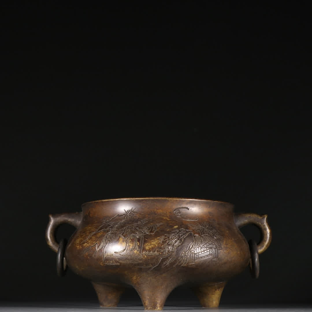 A Ming Dynasty Xuande bronze character story double-ear ring three-legged incense burner: Ming Dynasty Xuande bronze character story double ear ring three-legged incense burner SIZE: H:8.5cm W:18.5cm W:1650.2g (The Dimensions Of All Batches Are Manually Measured.If You Need More