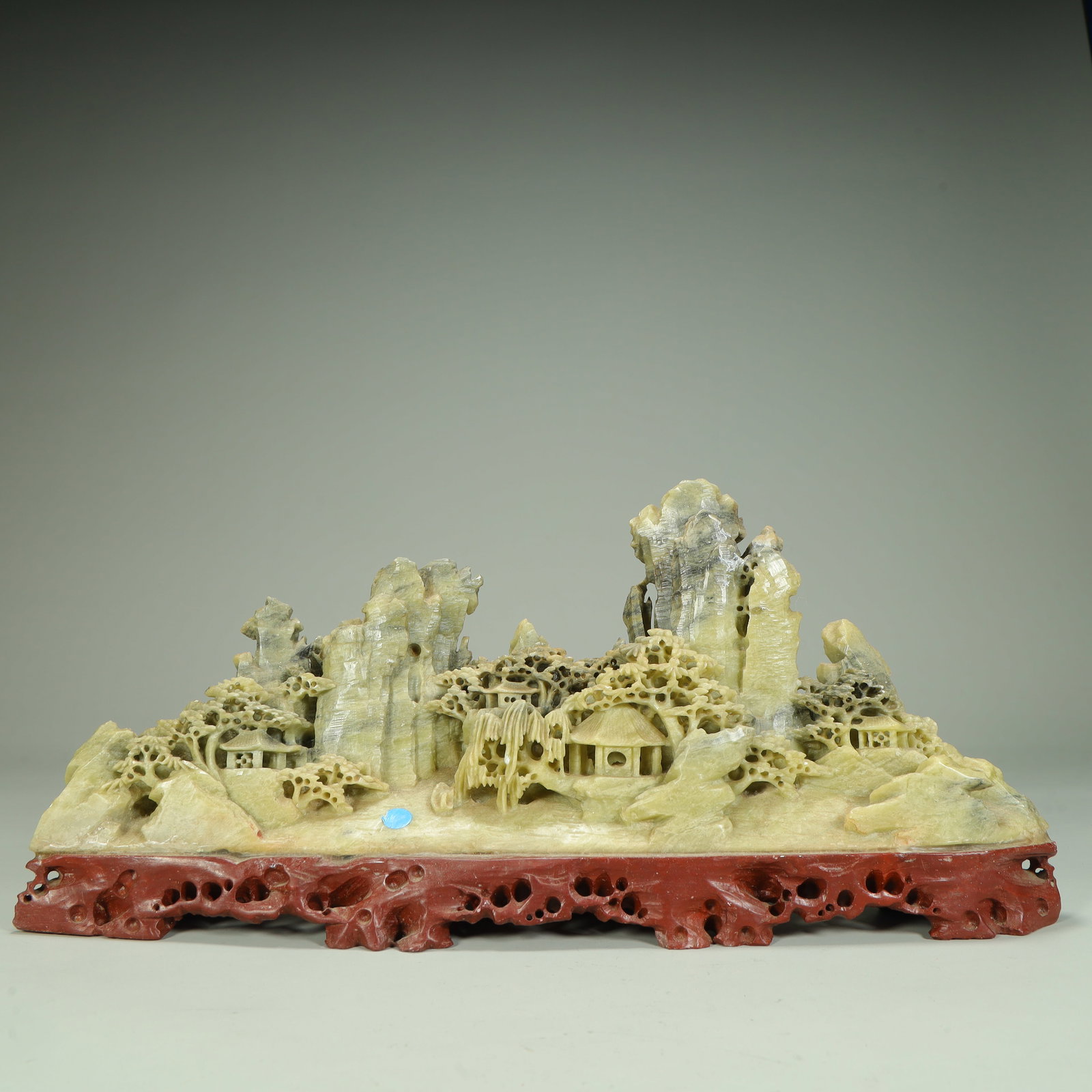 A Qingtian stone landscape pavilion pattern mountain ornament: Qingtian stone landscape pavilion pattern mountain ornament SIZE: H:16cm L:35cm W:3200g (The Dimensions Of All Batches Are Manually Measured.If You Need More Detailed Information, Please Contact Our C