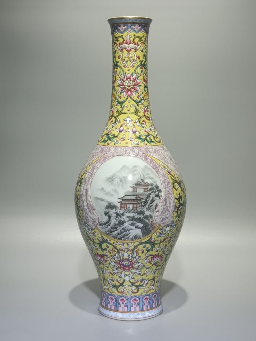 A Qing Qianlong enamel color Fushou Lianlian window landscape ribbon olive bottle: Qing Qianlong enamel color Fushou Lianlian window landscape ribbon olive bottle SIZE: H:35.3cm W:13.6cm (The Dimensions Of All Batches Are Manually Measured.If You Need More Detailed Information,