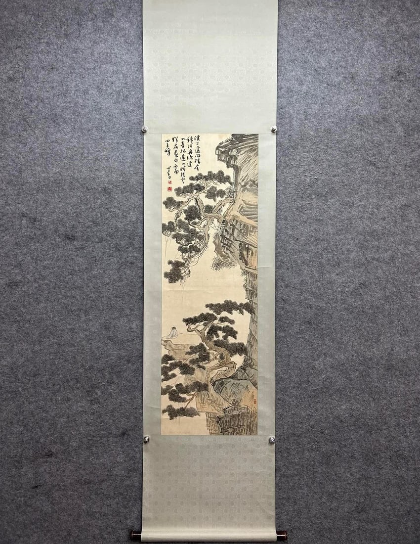A Pu Ru vertical landscape painting on paper: Pu Ru vertical scroll landscape painting on paper SIZE: Painting Core129x41cm (The Dimensions Of All Batches Are Manually Measured.If You Need More Detailed Information, Please Contact Our Customer Se