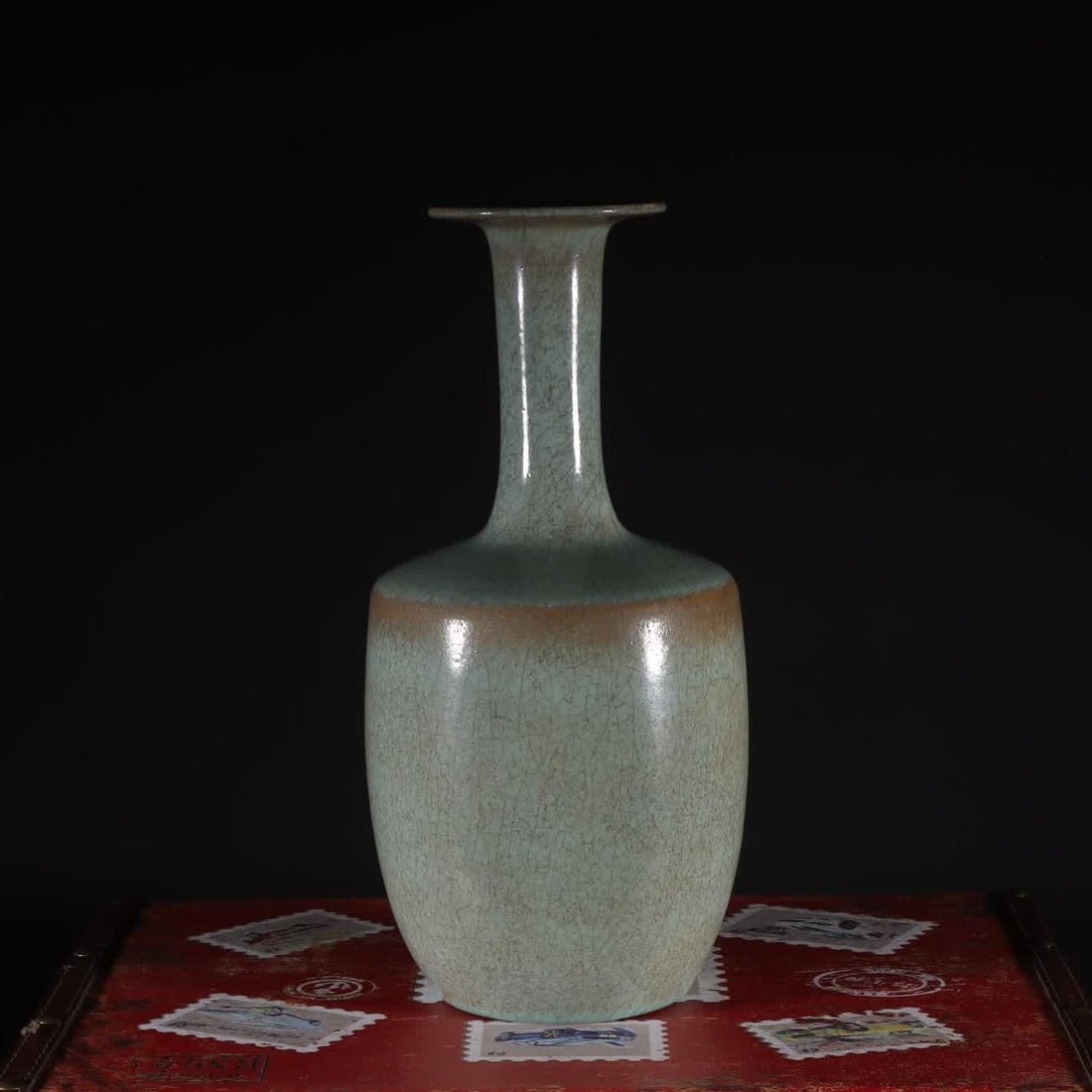 A Song Dynasty Ru kiln azure glazed paper hammer bottle: Song Dynasty Ru kiln azure glazed paper hammer bottle SIZE: H:26cm W:13cm (The Dimensions Of All Batches Are Manually Measured.If You Need More Detailed Information, Please Contact Our Customer Servic