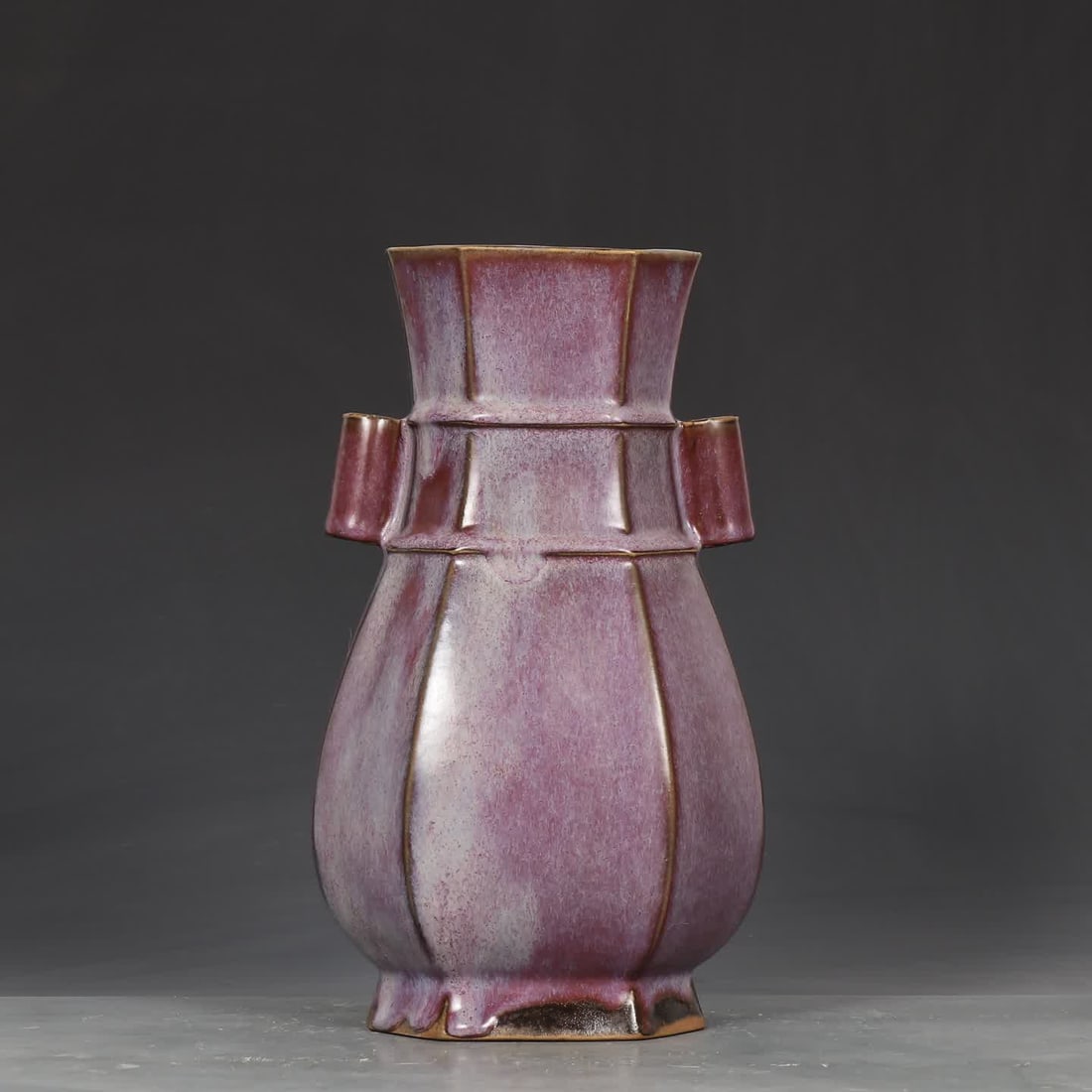 A Song Jun kiln rose purple glaze imperial inscription eight-way ear piercing bottle (1 of 9)