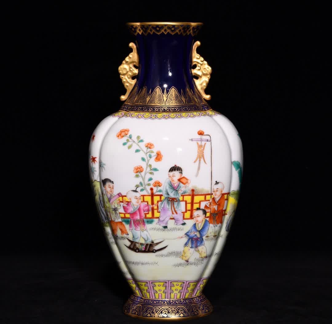 A Qing Qianlong sacrificial blue glaze gold-painted pastel baby play amphora: Qing Qianlong sacrifice blue glaze gold-painted pastel baby play picture amphora SIZE: H:23cm D:12cm (The Dimensions Of All Batches Are Manually Measured.If You Need More Detailed Information, Please
