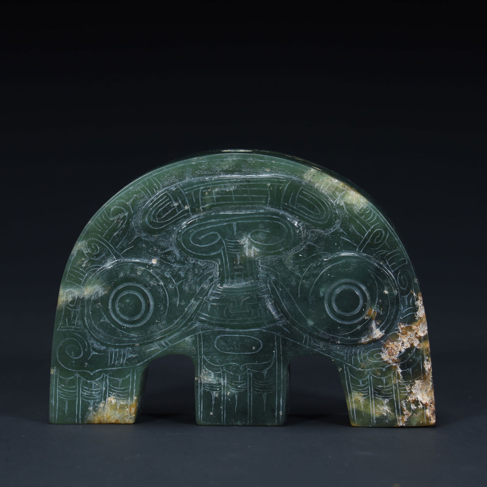A trident jade of Liangzhu culture: The three-pronged jade of Liangzhu culture SIZE: H:5.5cm L:7.5cm W:1.4cm W:128g (The Dimensions Of All Batches Are Manually Measured.If You Need More Detailed Information, Please Contact Our Customer