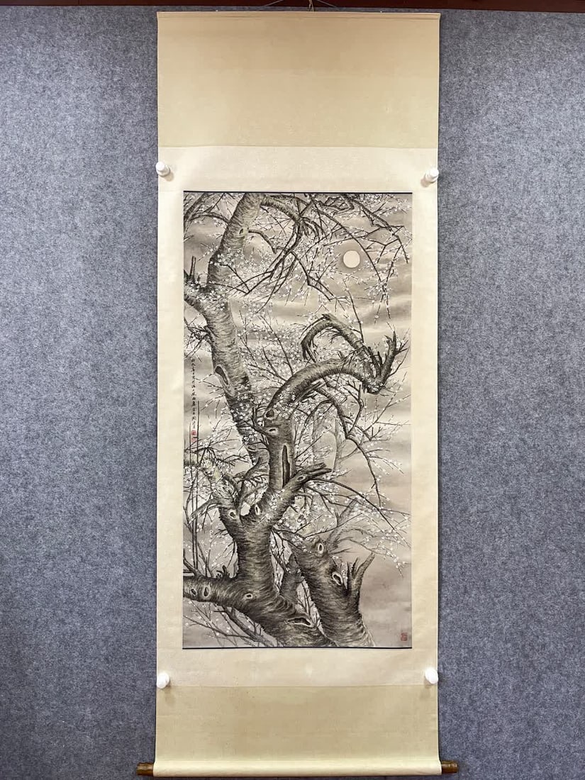 A picture of Tao Lengyue's moonlit night plum tree on paper: Tao Lengyue's moonlit night plum tree paper vertical axis SIZE: Painting Core130x65cm (The Dimensions Of All Batches Are Manually Measured.If You Need More Detailed Information, Please Contact Our Cus