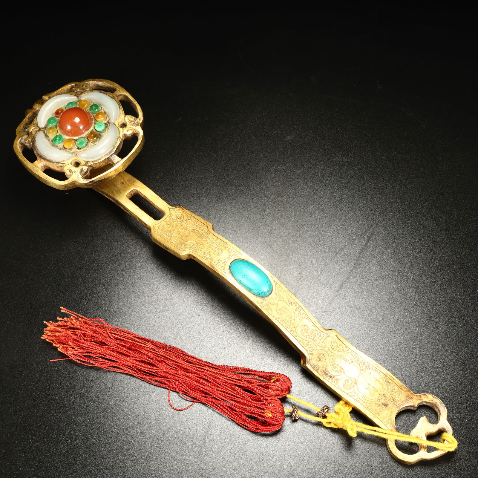 A Qing Dynasty copper gilt inlaid treasure ruyi: Qing Dynasty copper gilt inlaid treasure ruyi SIZE: H:6.5cm L:31cm W:8cm W:620g (The Dimensions Of All Batches Are Manually Measured.If You Need More Detailed Information, Please Contact Our Customer