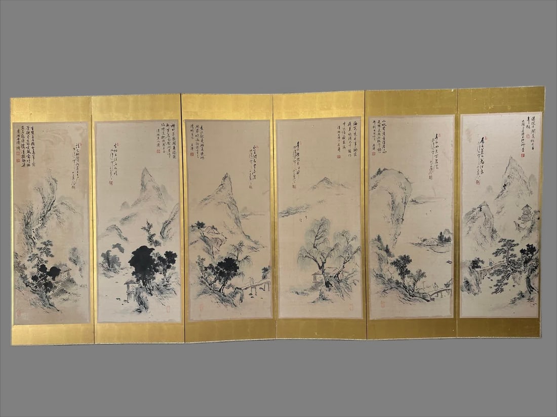 A picture of Shi Tao's landscape six screens: Shi Tao's landscape six screens SIZE: Painting Core54x130cmx6 (The Dimensions Of All Batches Are Manually Measured.If You Need More Detailed Information, Please Contact Our Customer Service Before Bid
