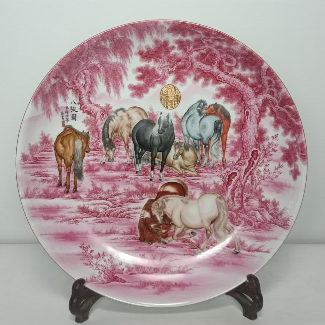 A Qing Qianlong model enamel color ruby red eight horse picture plate: Qing Qianlong model enamel color ruby red eight horse picture plate SIZE: H:9cm D:50.5cm (The Dimensions Of All Batches Are Manually Measured.If You Need More Detailed Information, Please Contact Our