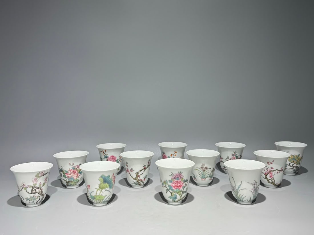 A set of Qing Yongzheng pastel twelve flower god cups: Qing Yongzheng pastel twelve flower god cup SIZE: H:6.6cm W:6.6cm (The Dimensions Of All Batches Are Manually Measured.If You Need More Detailed Information, Please Contact Our Customer Service Before