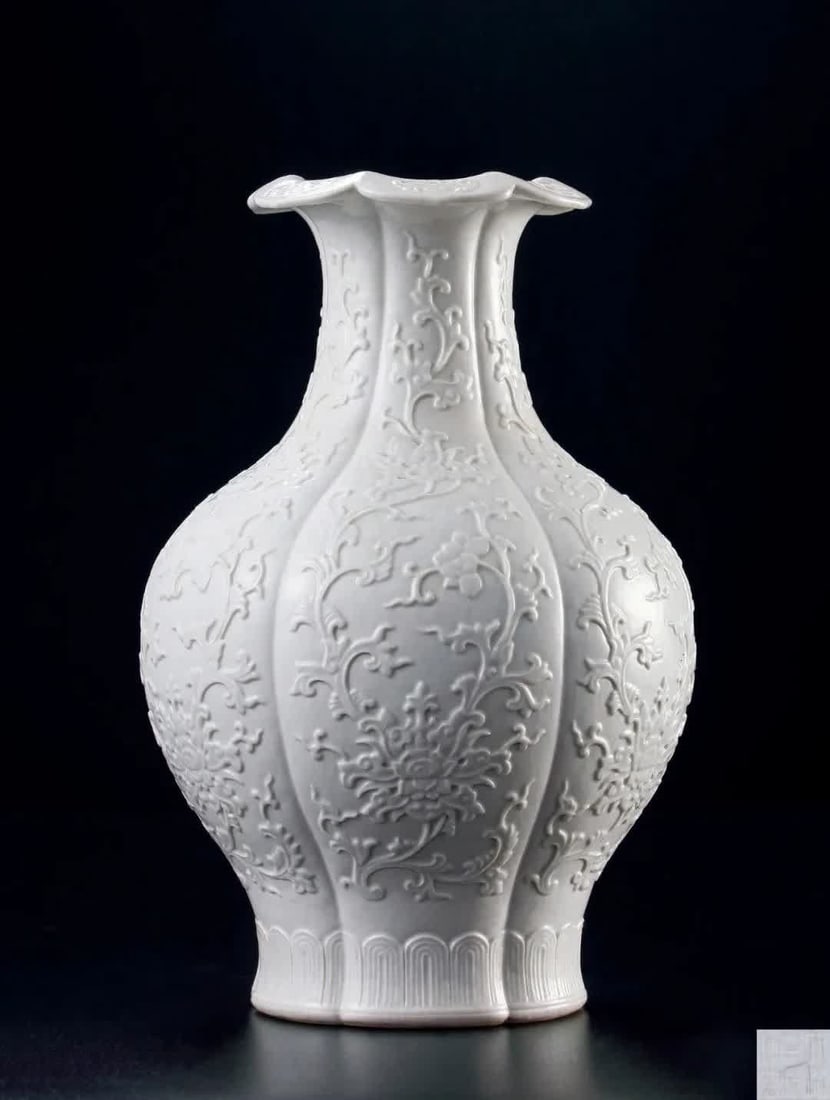 A piece of Qing Jiaqing sweet white glaze imitation kiln carving entwined flower pomegranate pearl: Qing Jiaqing sweet white glaze imitation kiln carving intertwined flower pomegranate pearl SIZE: H:21.6cm W:14.3cm (The Dimensions Of All Batches Are Manually Measured.If You Need More Detailed Inform
