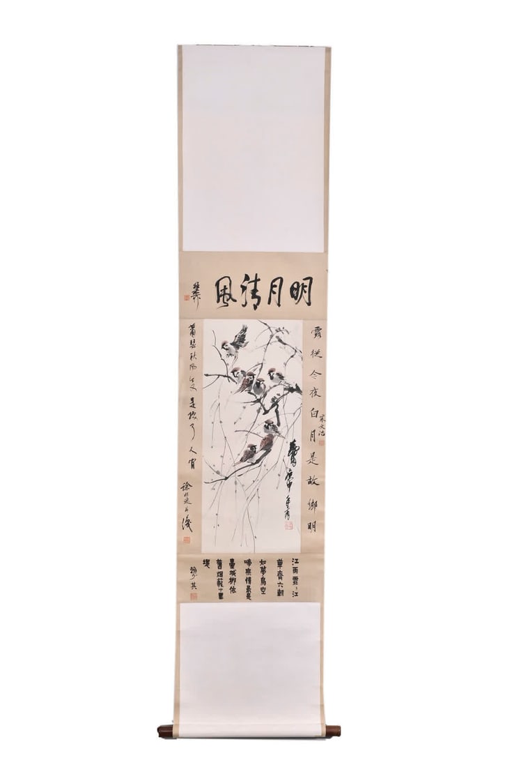 A picture of Huang Zhou's sparrows in the willows: Huang Zhou's willow sparrow language picture SIZE: Painting coreH:68cm W:29cm (The Dimensions Of All Batches Are Manually Measured.If You Need More Detailed Information, Please Contact Our Customer Se
