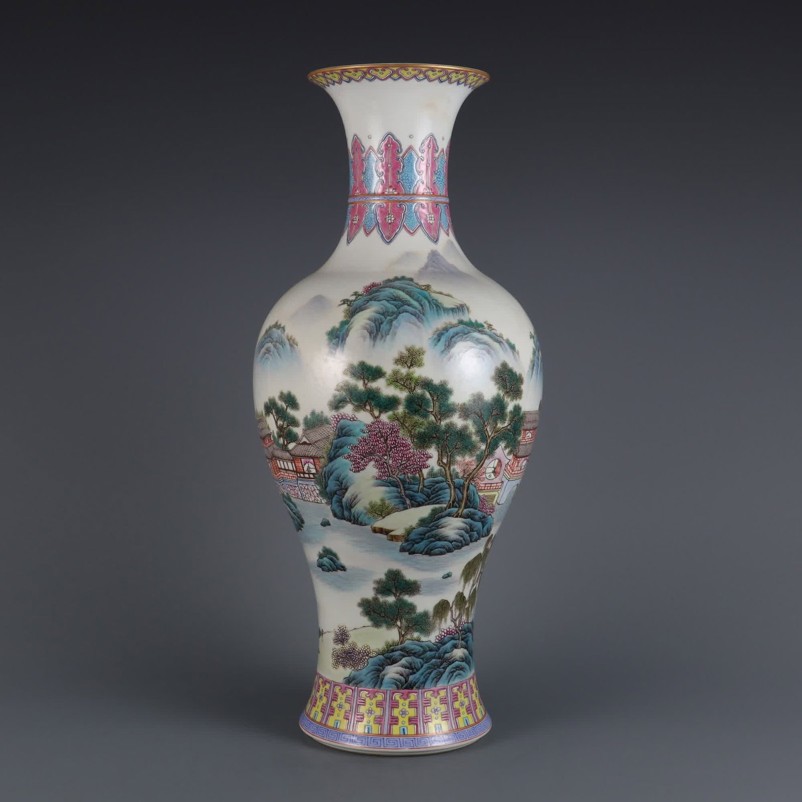 A pastel landscape pavilion Guanyin vase made in the Qianlong period of the Qing Dynasty: Qing Qianlong year pastel landscape pavilion Guanyin vase SIZE: H:42cm MouthD:11.5cm (The Dimensions Of All Batches Are Manually Measured.If You Need More Detailed Information, Please Contact Our Cust