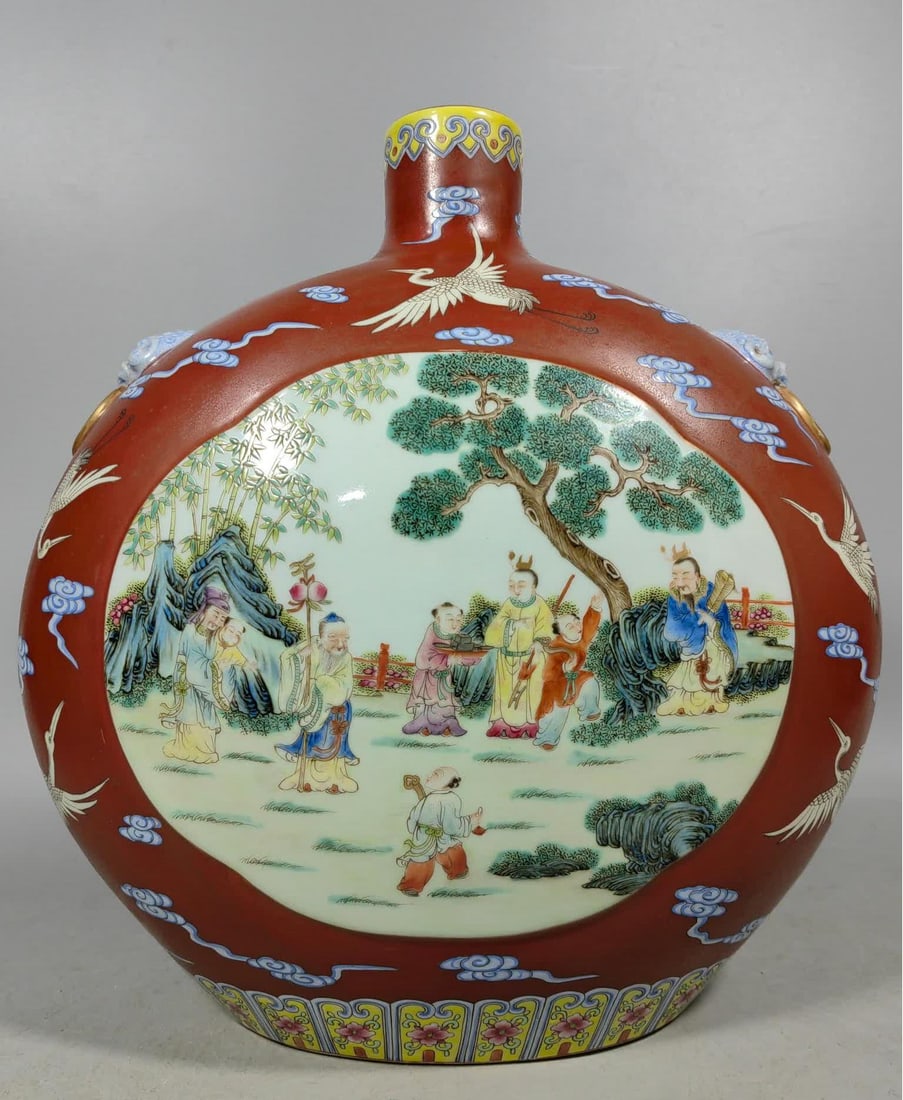 A Qing Dynasty pastel Eight Immortals three-star moon holding vase: Qing Dynasty pastel eight immortals three-star moon vase SIZE: L:28.3cm W:15.8cm H:29.8cm (The Dimensions Of All Batches Are Manually Measured.If You Need More Detailed Information, Please Contact Our