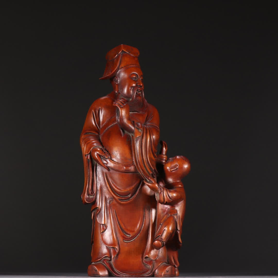 A Qing Dynasty boxwood lucky star huddle statue: Qing Dynasty boxwood lucky star hugging the child SIZE: H:23.5cm W:10cm W:565.1g (The Dimensions Of All Batches Are Manually Measured.If You Need More Detailed Information, Please Contact Our