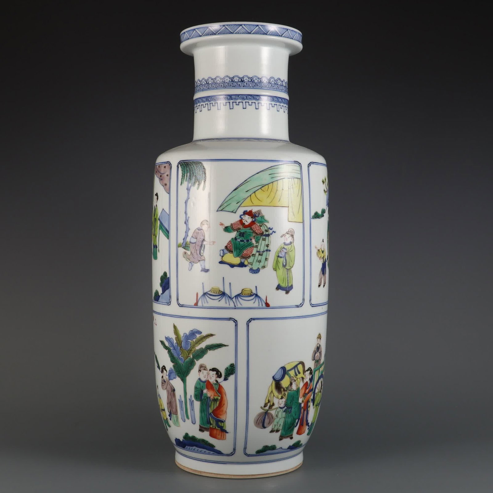 A Qing Kangxi year blue and white plus colorful window character story stick bottle: Qing Kangxi year blue and white plus colorful window character story stick bottle SIZE: H: 55cm Belly diameter 22cm MouthD: 15.5cm (The Dimensions Of All Batches Are Manually Measured.If You Need More
