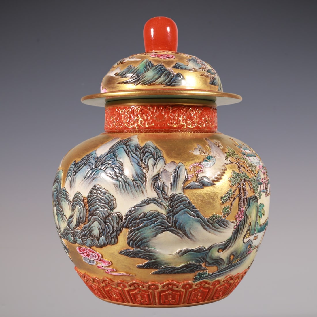 An Exquisite Enamel Landscape Pattern Lotus Pattern Tea Caddy - 6