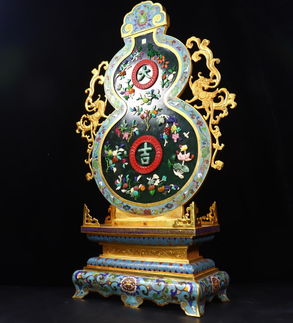 A Pair of Exquisite Cloisonne Inlaid Gems Flower and Fruit Pattern Lotus Pattern with poem - 3