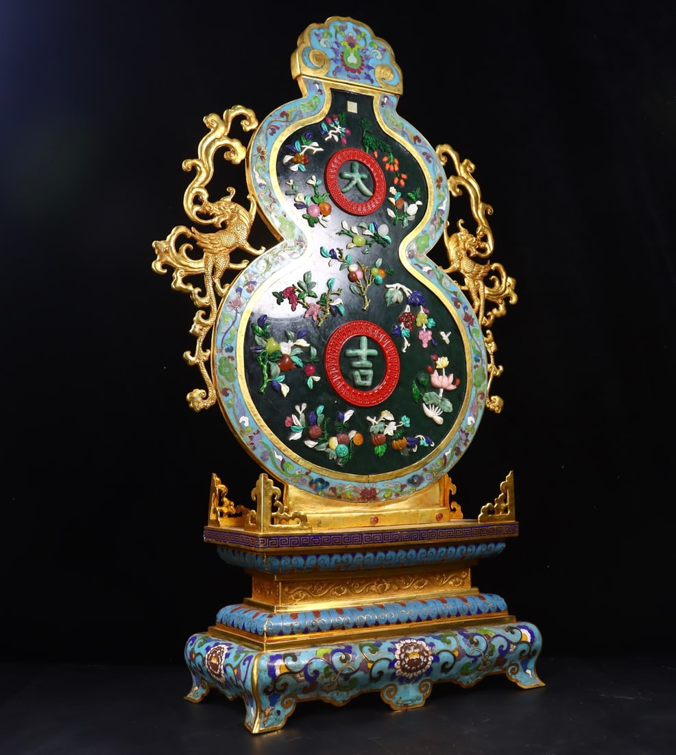 A Pair of Exquisite Cloisonne Inlaid Gems Flower and Fruit Pattern Lotus Pattern with poem - 4