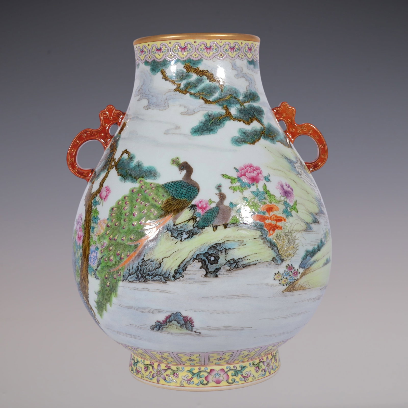 An Exquisite Enamel Flower and Bird Pattern with poem Double-Ears Vase: An Exquisite Enamel Flower and Bird Pattern with poem Double-Ears Vase Qing Dynasty, China Qianlong Six-character Mark Size:25.5cmx19cm (The Dimensions Of All Batches Are Manually Measured.If You