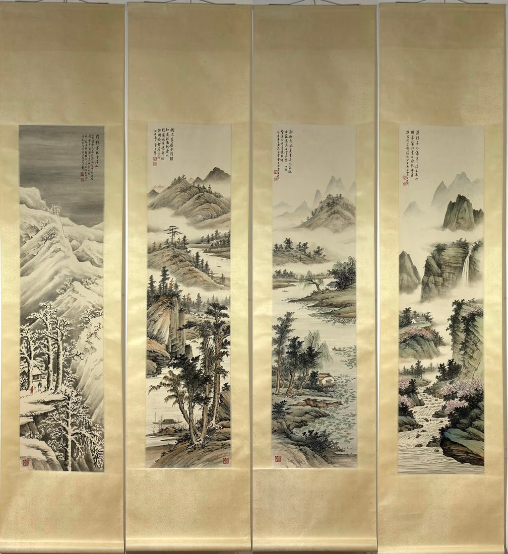 A Chinese Vertical Scroll Ink Painting of Landscape on Paper: A Chinese Vertical Scroll Ink Painting of Landscape on Paper Huang junbi Without frame Size:130cmx32cm entirety Size:205cmx46.5cm (The Dimensions Of All Batches Are Manually Measured.If You Need More