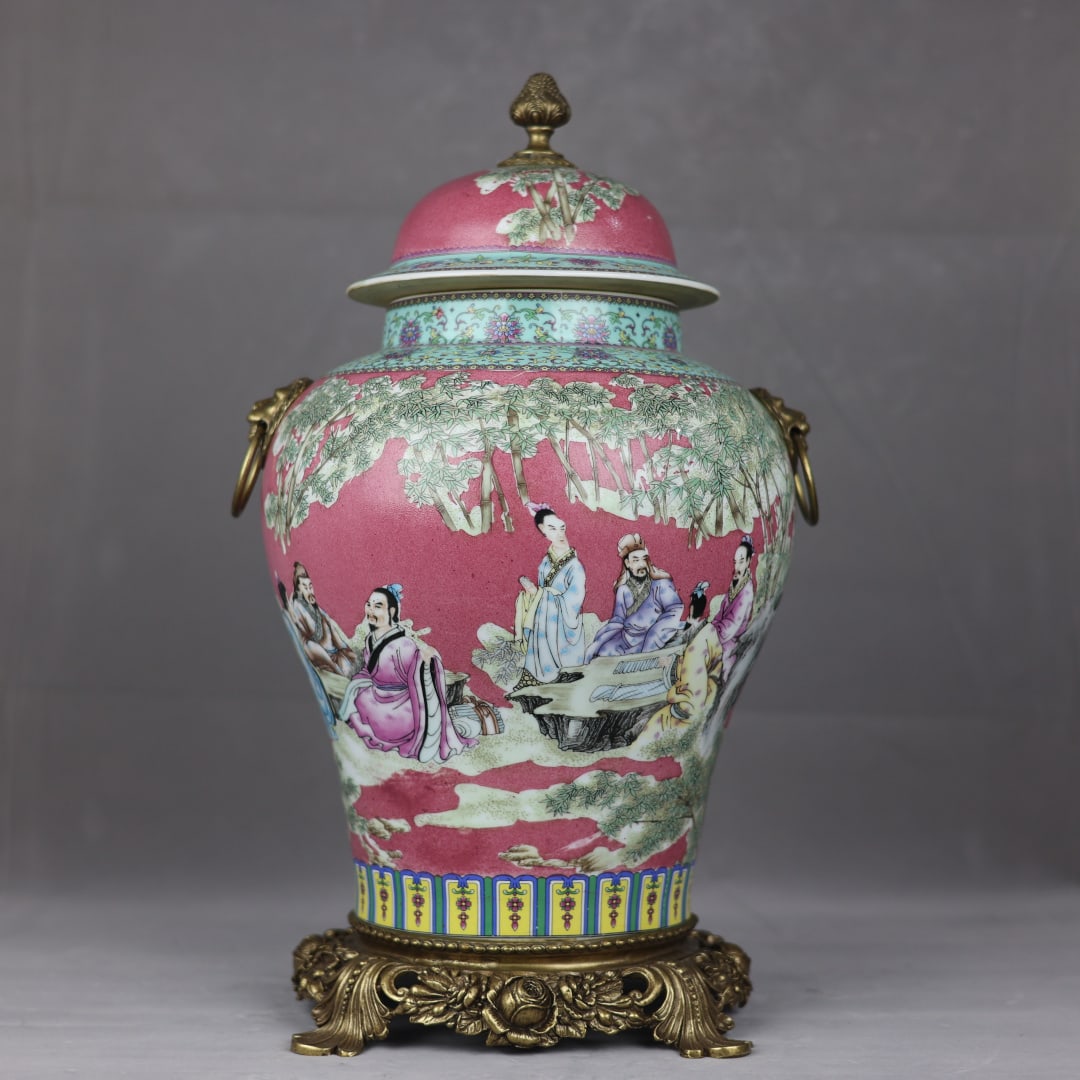 An Exquisite Famille-Rose Ruby Red-Glazed Inlaid Bronze Character and Story Pattern Lotus Pattern: An Exquisite Famille-Rose Ruby Red-Glazed Inlaid Bronze Character and Story Pattern Lotus Pattern Double-Ears Jar Qing Dynasty, China Qianlong Four-character Mark Size:52cmx30cm (The Dimensions Of