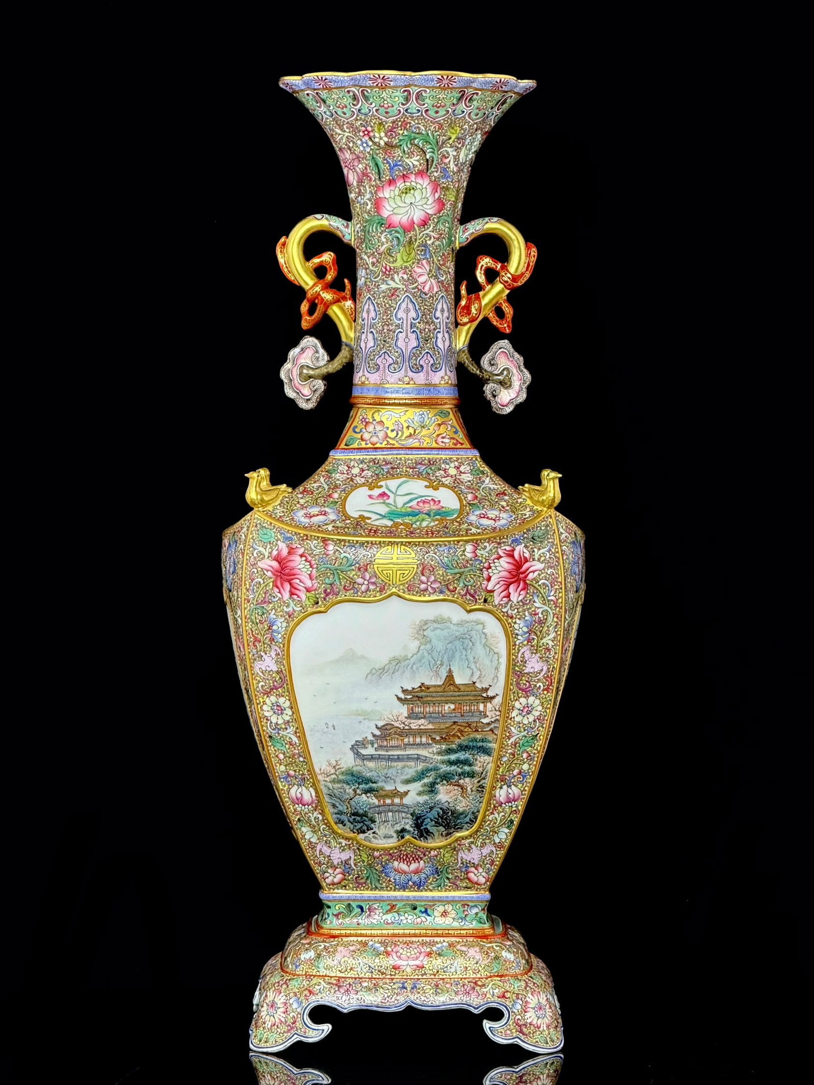 An Exquisite Famille-Rose Bats and Peach Pattern Lotus Pattern Landscape Pattern with poem: An Exquisite Famille-Rose Bats and Peach Pattern Lotus Pattern Landscape Pattern with poem Double-Ears Vase Qing Dynasty, China Qianlong Four-character Mark Size:55.5cmx20.5cm (The Dimensions Of All B