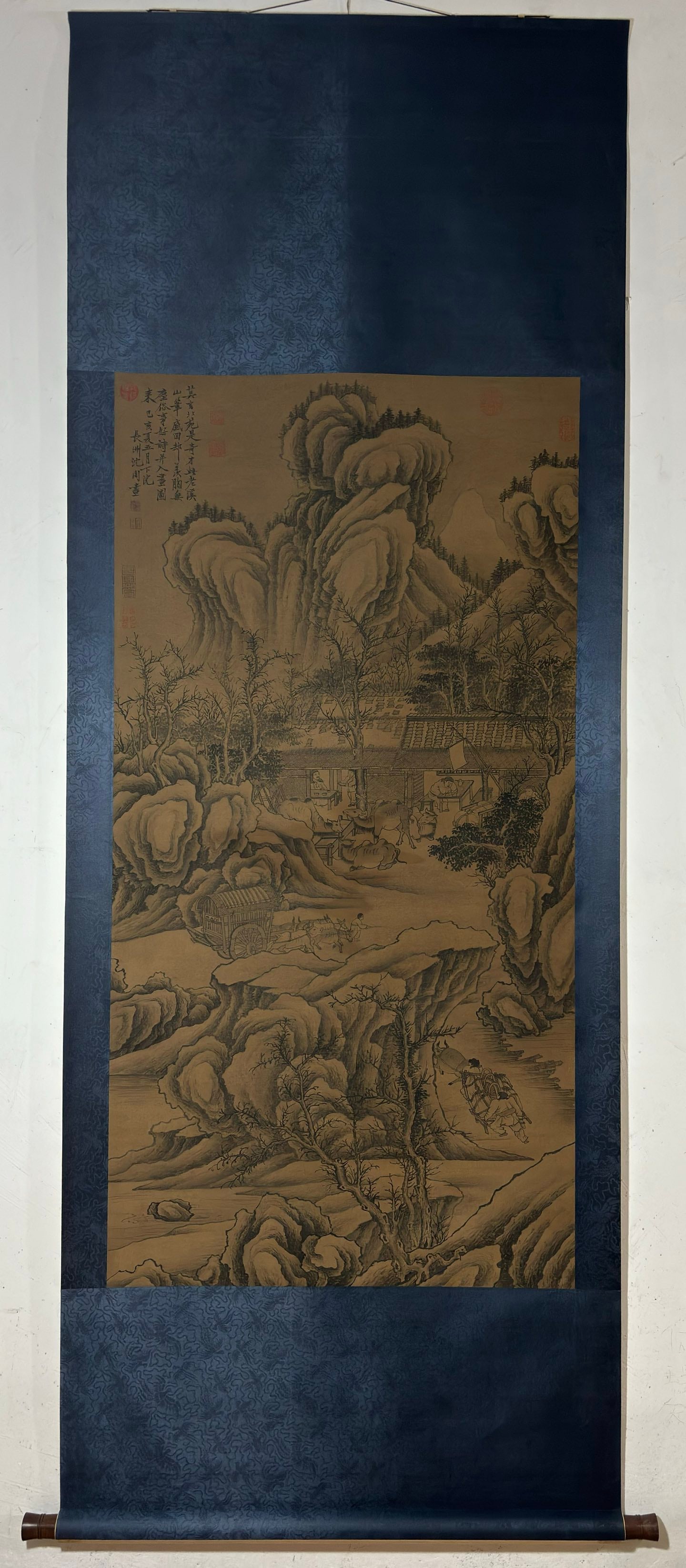 A Chinese Vertical Scroll Ink Painting of Landscape on Silk: A Chinese Vertical Scroll Ink Painting of Landscape on Silk Shen zhou Without frame Size:131cmx67cm (The Dimensions Of All Batches Are Manually Measured.If You Need More Detailed Information, Please