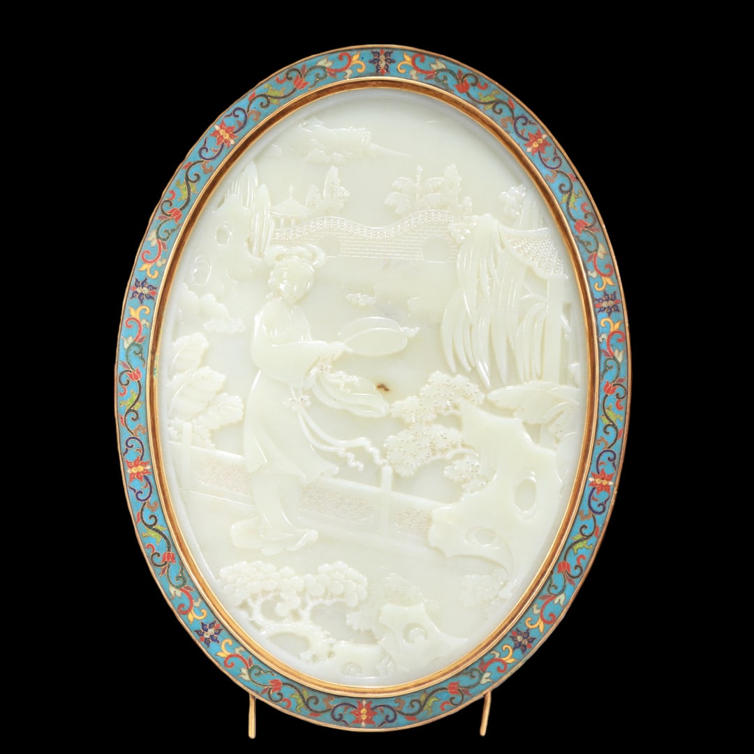 An Exquisite Cloisonne White Jade-Inlaid 'Landscape& Figure' Table Screen With Imperial Poem - 11