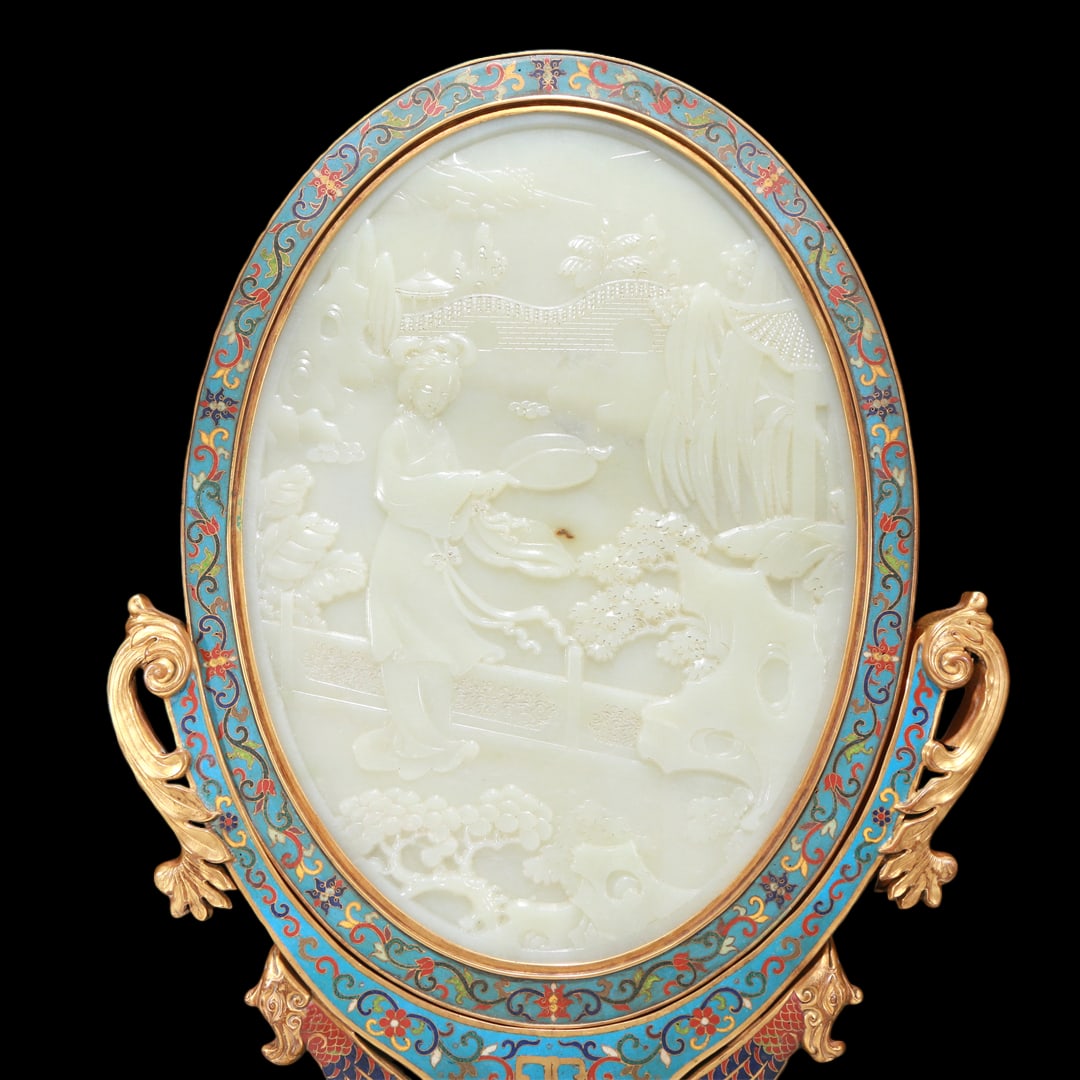 An Exquisite Cloisonne White Jade-Inlaid 'Landscape& Figure' Table Screen With Imperial Poem - 2