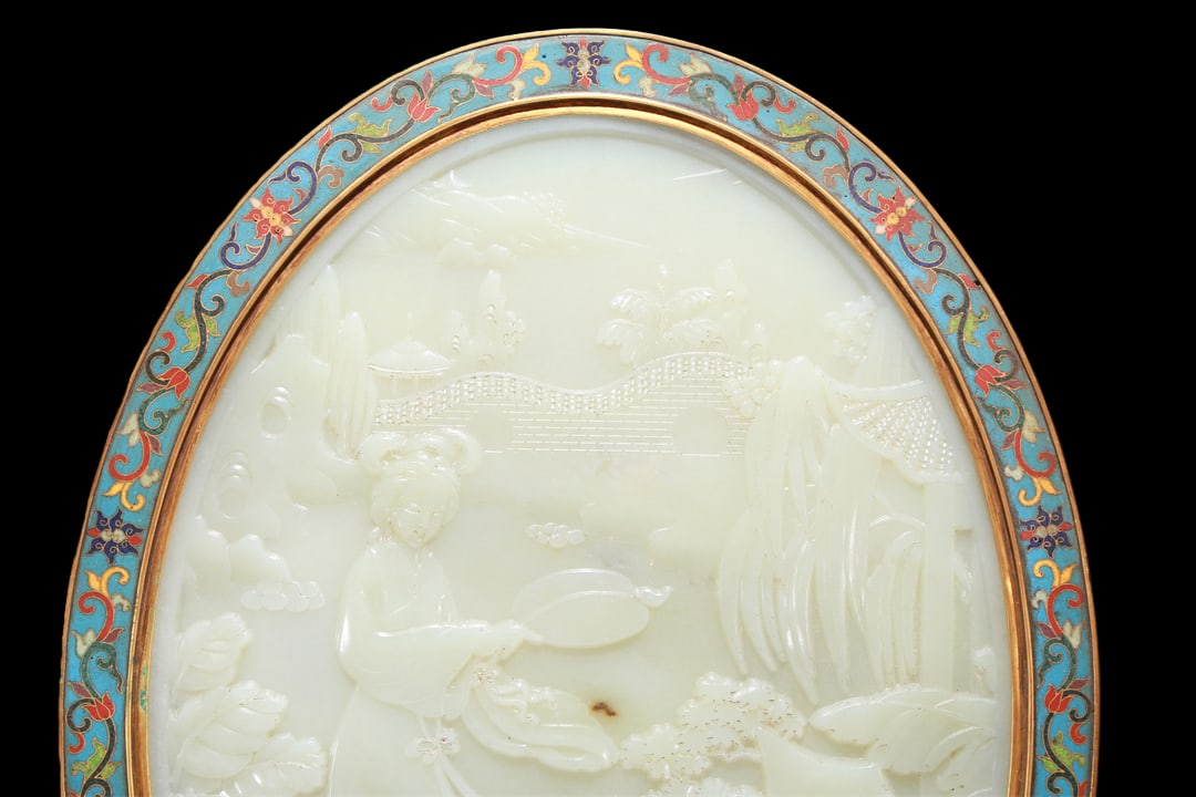 An Exquisite Cloisonne White Jade-Inlaid 'Landscape& Figure' Table Screen With Imperial Poem - 3