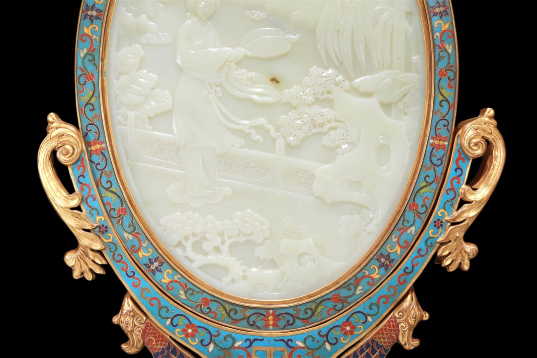 An Exquisite Cloisonne White Jade-Inlaid 'Landscape& Figure' Table Screen With Imperial Poem - 4