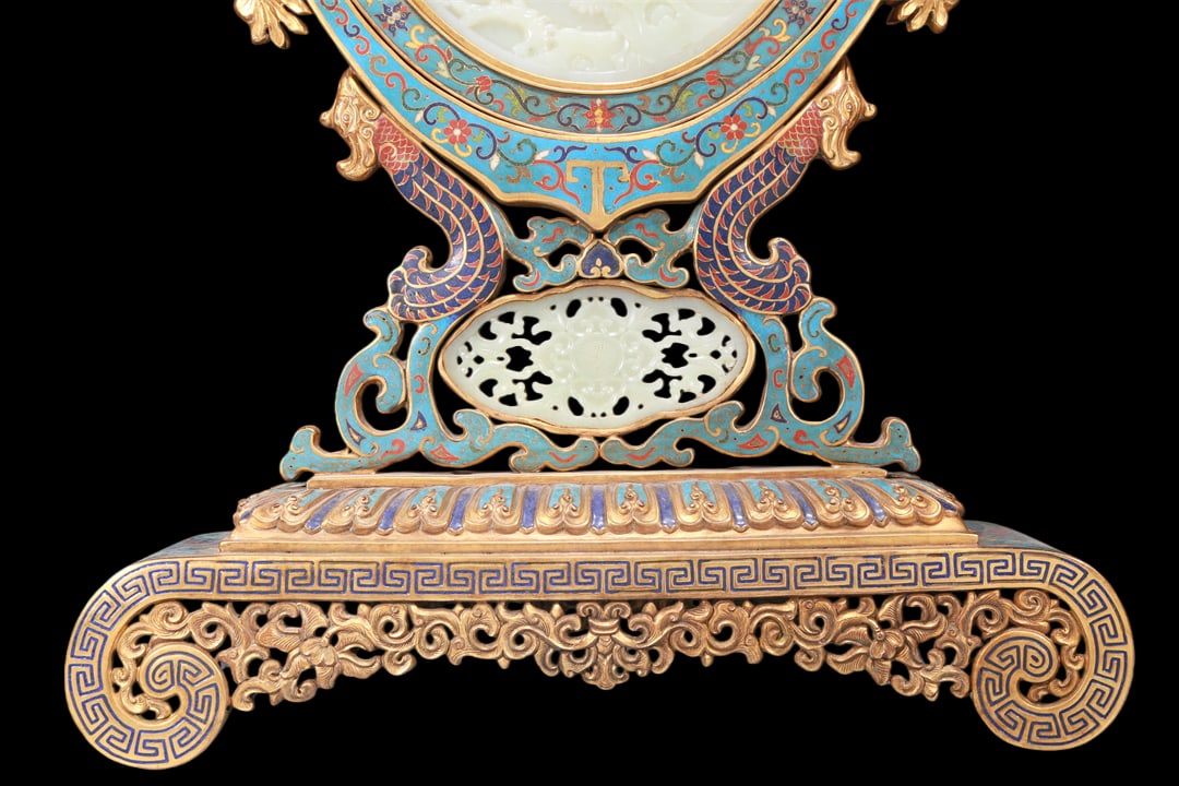 An Exquisite Cloisonne White Jade-Inlaid 'Landscape& Figure' Table Screen With Imperial Poem - 5