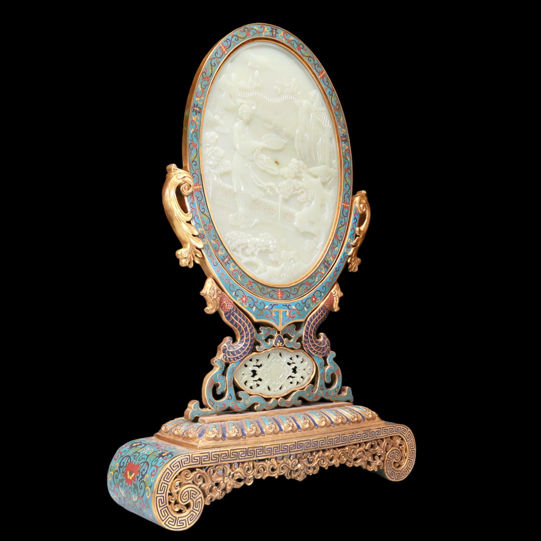 An Exquisite Cloisonne White Jade-Inlaid 'Landscape& Figure' Table Screen With Imperial Poem - 6