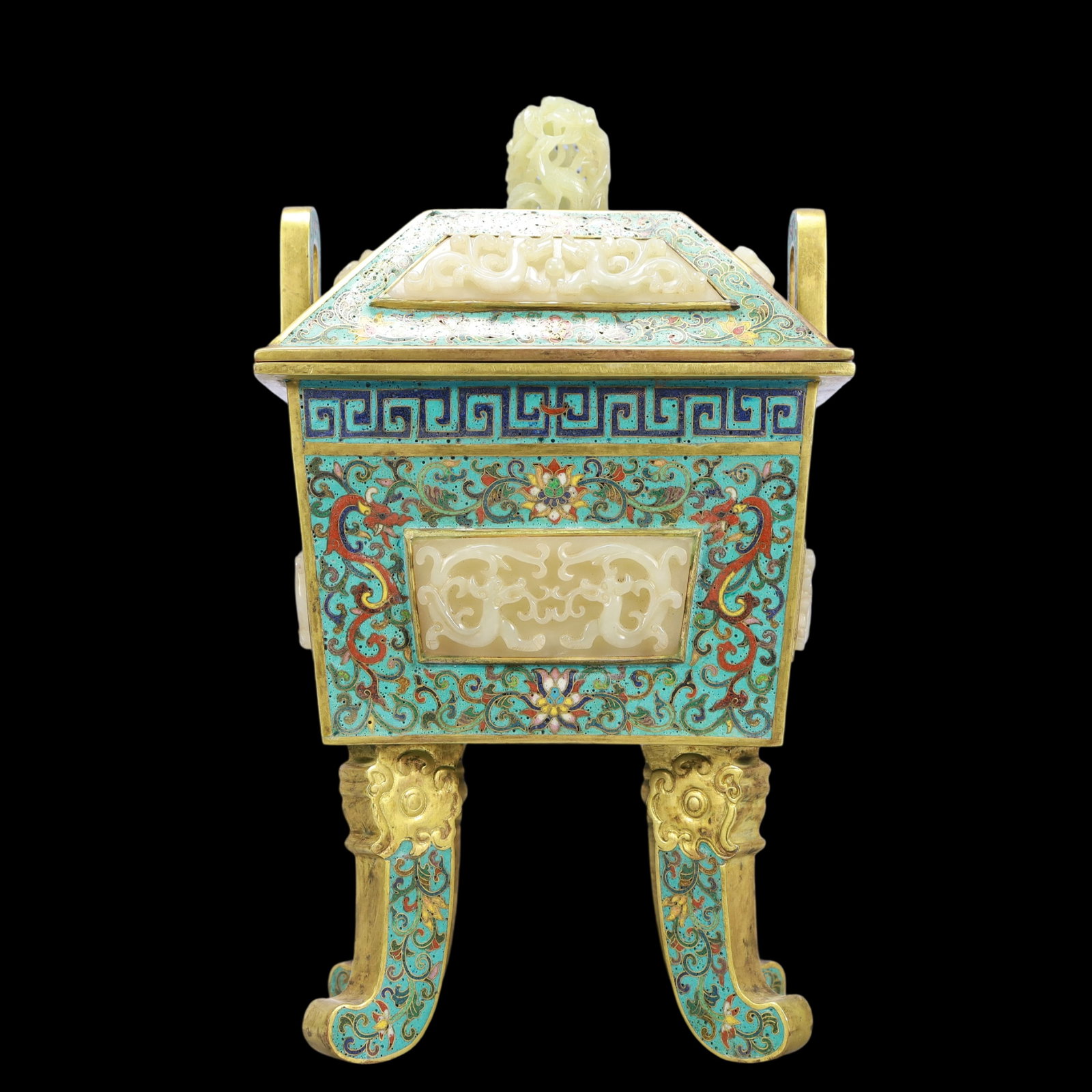 A Exquisite Cloisonne Inlaid White Jade Lotus Pattern Dragon Pattern Double-Ears Censer (1 of 10)