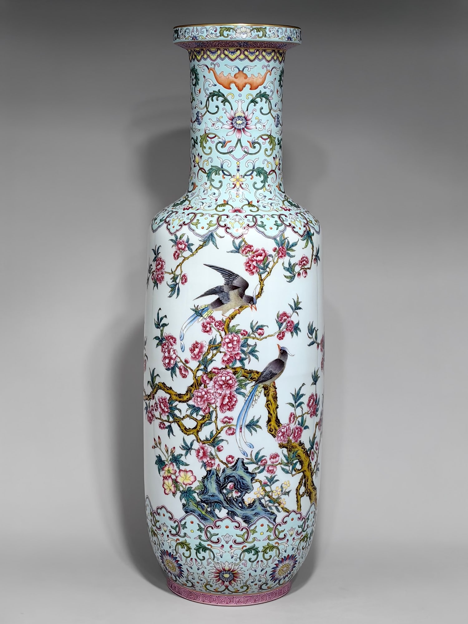 An Exquisite Famille-Rose Lotus Pattern Flower and Bird Pattern with poem Vase: An Exquisite Famille-Rose Lotus Pattern Flower and Bird Pattern with poem Vase Qing Dynasty, China Yongzheng Six-character Mark Size:69.5cmx22cm (The Dimensions Of All Batches Are Manually