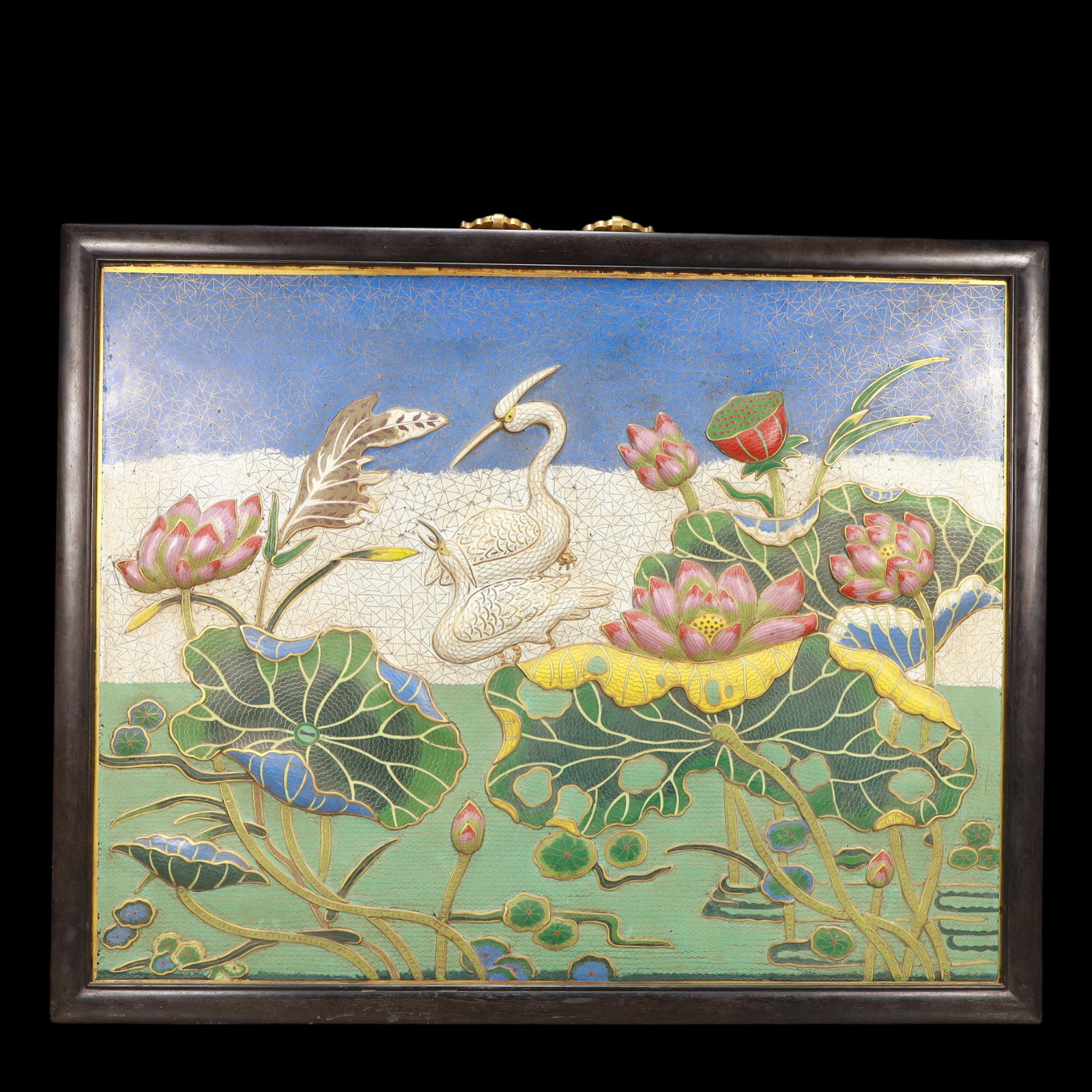 A Exquisite Cloisonne Lotus Pattern Crane Pattern Hanging Panel: A Exquisite Cloisonne Lotus Pattern Crane Pattern Hanging Panel Qing Dynasty, China Size::81cmx65cmx2.5cm Weight:10450g (The Dimensions Of All Batches Are Manually Measured.If You Need More Detailed I