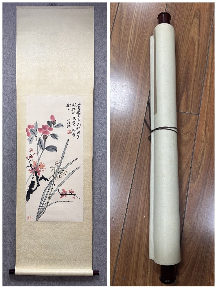A Chinese Vertical Scroll Ink Painting of Flower on Paper: A Chinese Vertical Scroll Ink Painting of Flower on Paper Huang binhong Without frame Size:38cmx84cm (The Dimensions Of All Batches Are Manually Measured.If You Need More Detailed Information, Please